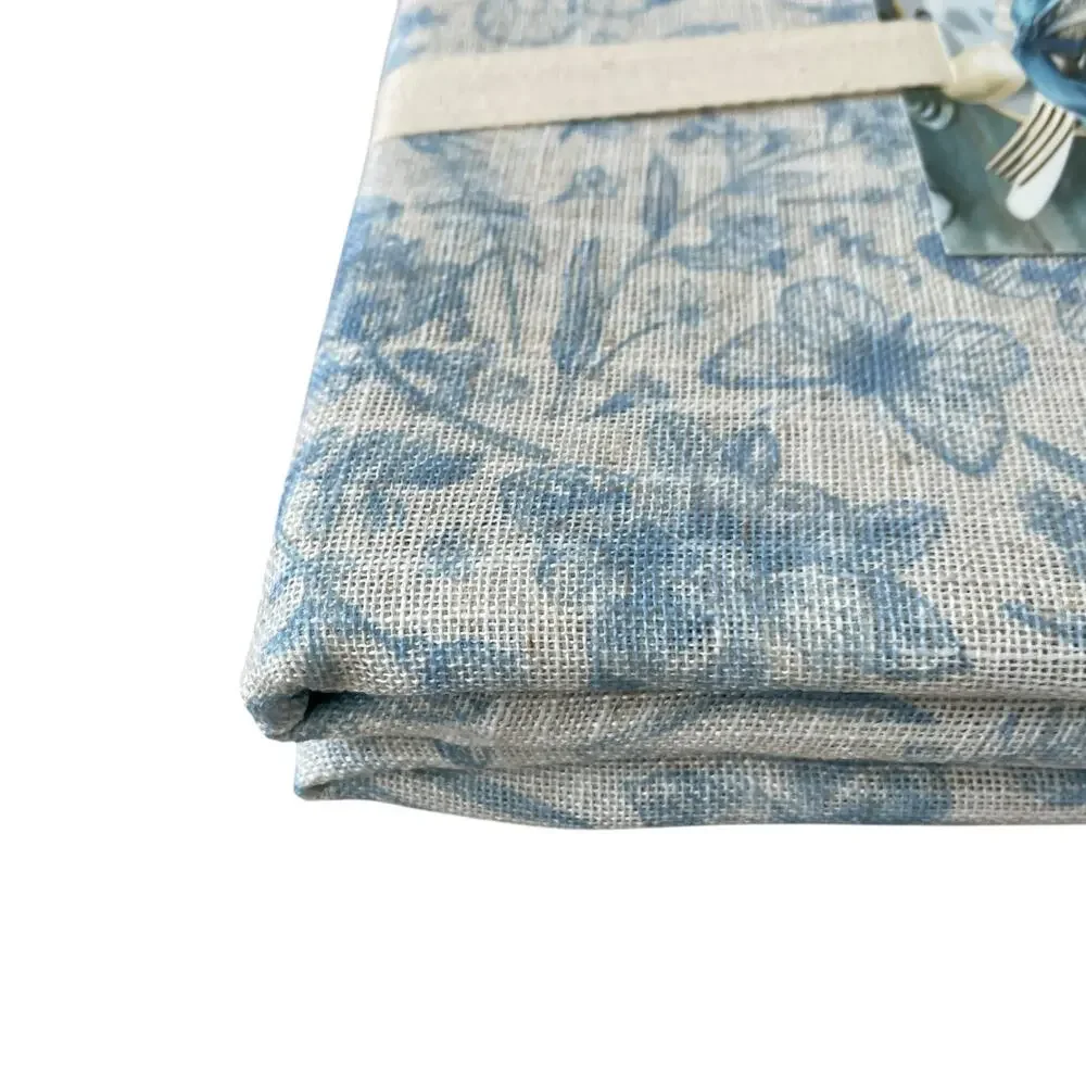 Blooming Easter Blue Bunny Rabbit Floral Tablecloth 60x120 Linen Blend NEW